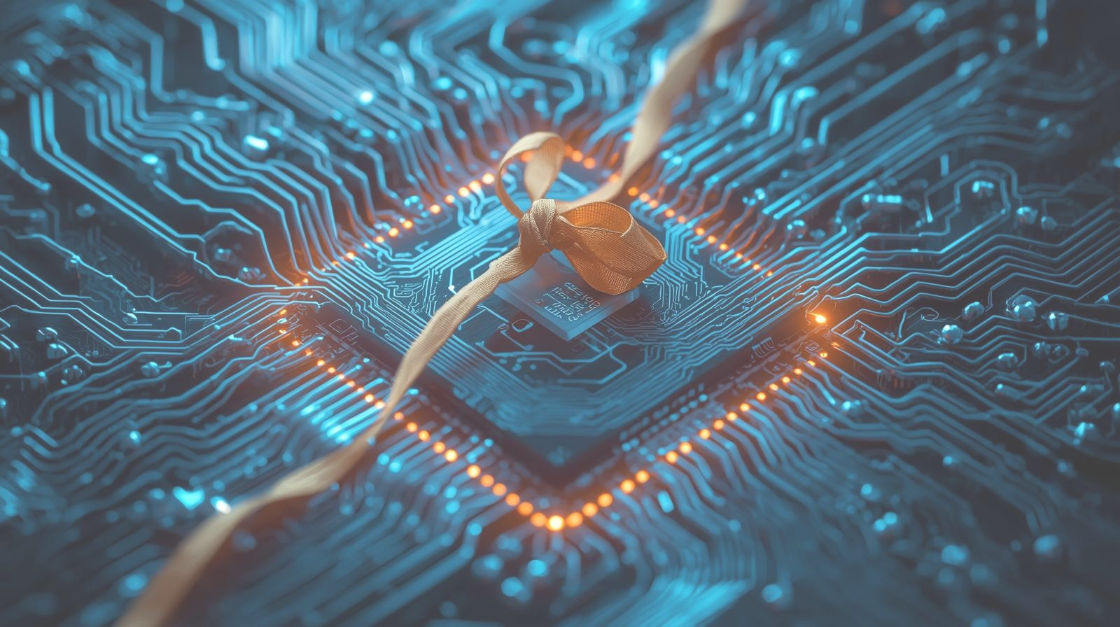 복잡하게 얽혀 차갑게 얼어붙은 인공지능 메인 프로세서 회로판. 그 이성의 중심에 서툰 손길로 묶인 따뜻한 금빛 리본 하나가 묶여 있으며, 리본 주위로만 회로가 녹아내리며 요동치는 은유적 장면.
