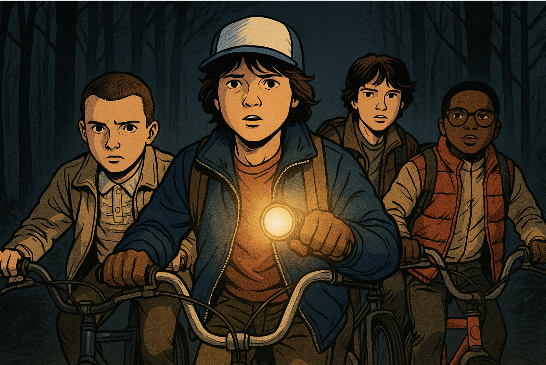 넷플릭스 기묘한 이야기 어두운 숲속을 자전거 타고 가는 아이들