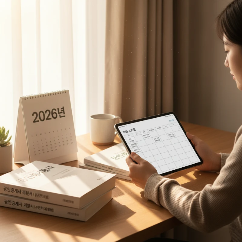 2026년 공인중개사 시험 합격을 위해 학습 로드맵을 계획하는 수험생의 책상 풍경
