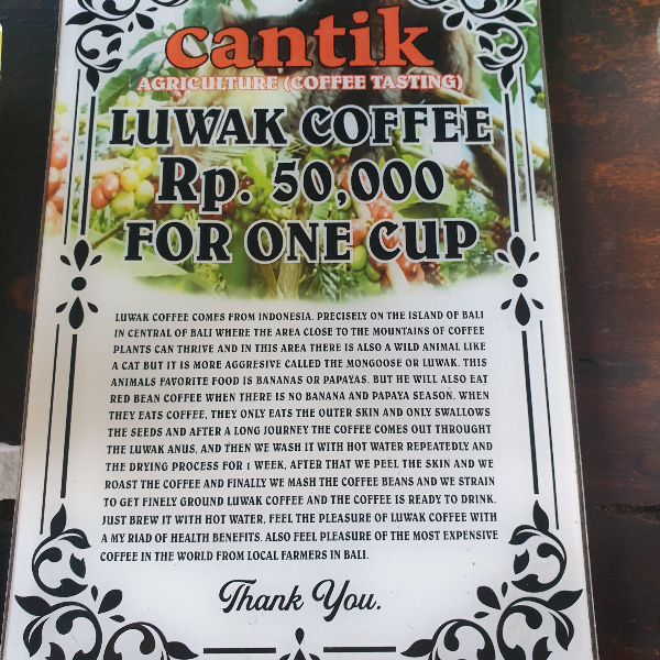 발리 루왁 커피 농장: Cantik Agriculture Luwak Coffee (캔틱 루왁 커피)_메뉴판