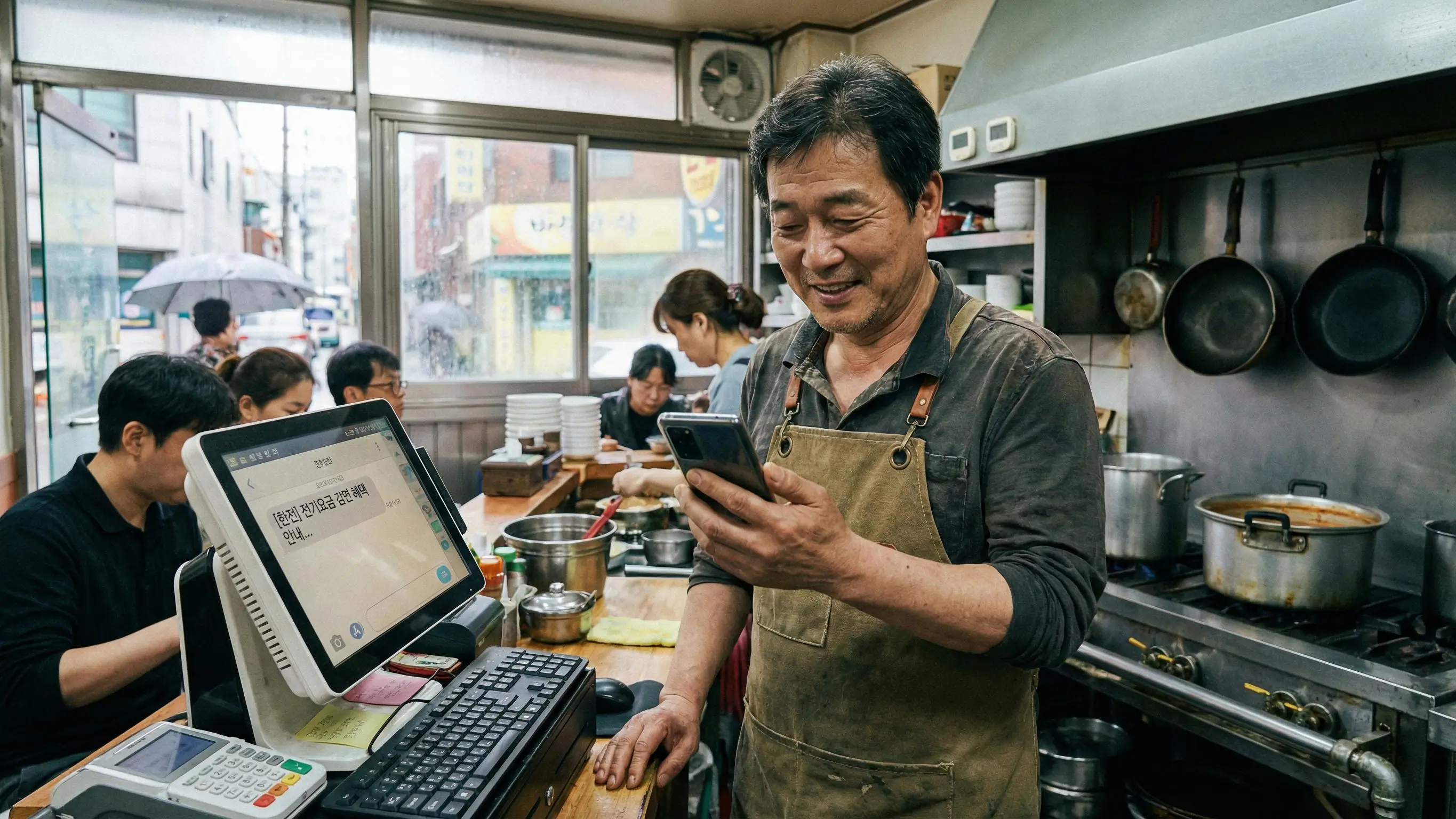 가게 포스기 앞에서 스마트폰으로 전기요금 감면 문자 메시지를 확인하고 안도하는 영세 자영업자의 모습