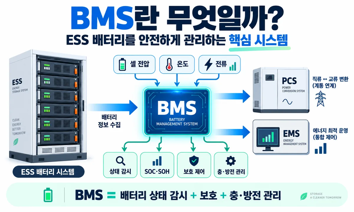ESS 배터리의 전압 온도 전류를 감시하고 PCS와 EMS를 연동하는 BMS 구조 인포그래픽
