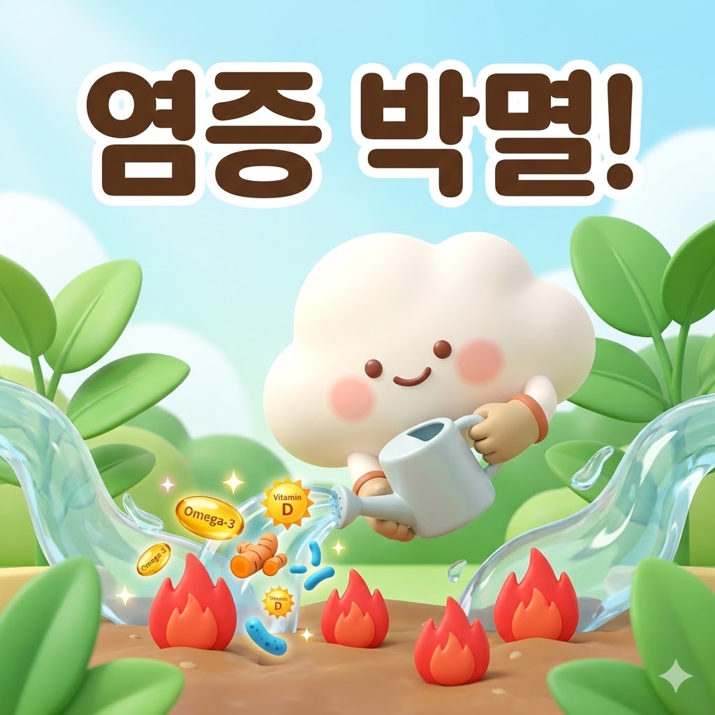 귀여운 캐릭터가 염증을 상징하는 작은 불꽃들을 영양제로 진압하며 건강을 되찾는 모습을 묘사한 3D 카툰 일러스트.