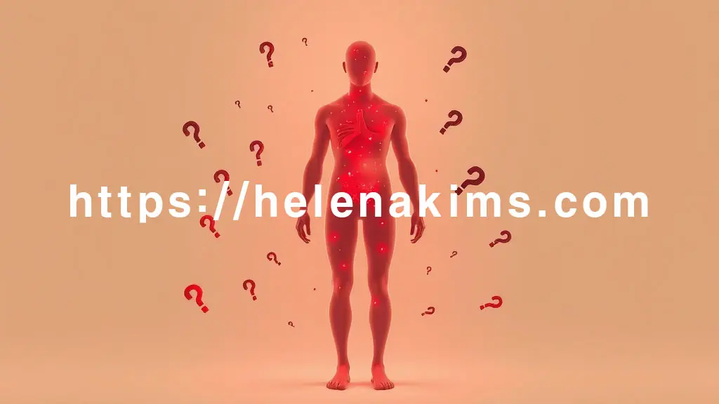 깨끗하고 은은한 배경에 인간의 투명한 실루엣이 서 있다. 몸속 곳곳에 눈에 띄지 않게 붉고 탁한 미세한 불씨들이 산재해 있으며, 이는 만성 염증을 상징한다.