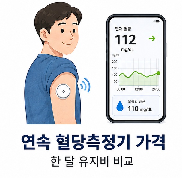 팔에 연속혈당 센서를 부착하고 스마트폰으로 혈당 변화를 확인하는 모습과 함께 연속 혈당측정기 가격을 안내하는 대표 이미지