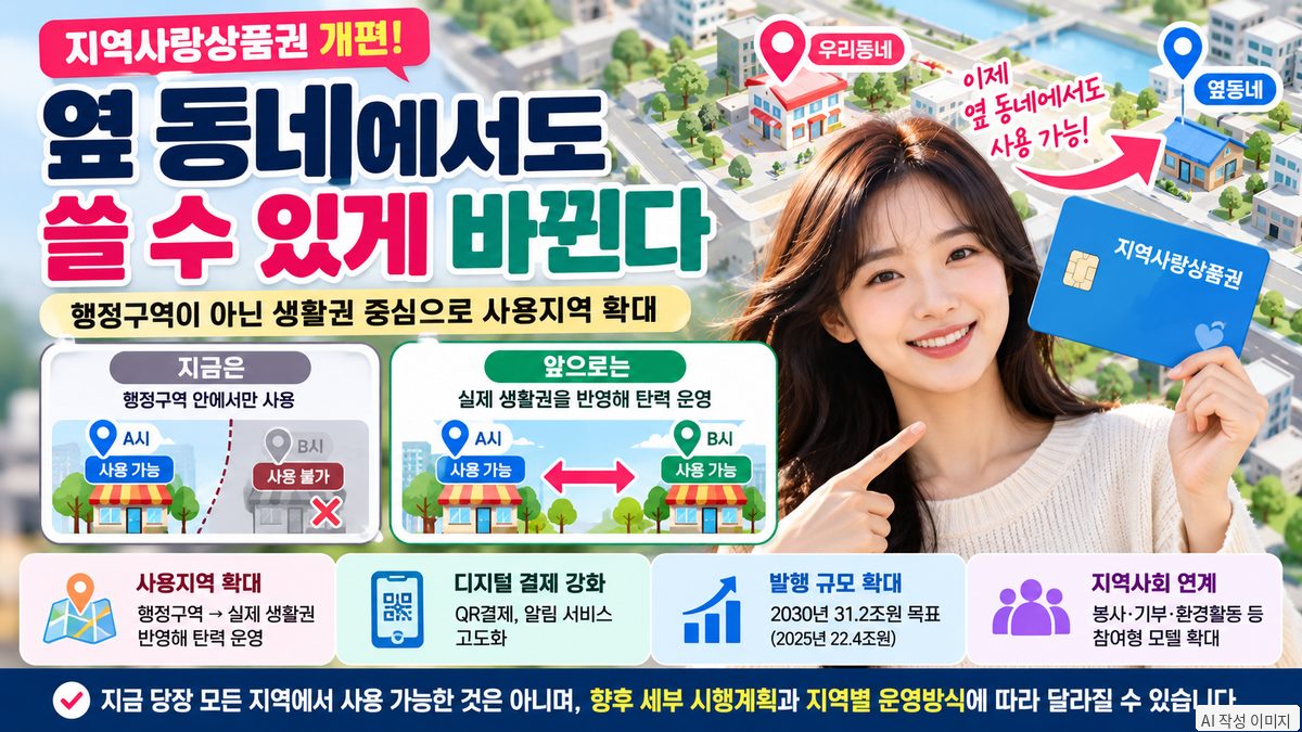 지역사랑상품권 사용지역을 실제 생활권 중심으로 확대하는 개편 내용을 안내하는 이미지