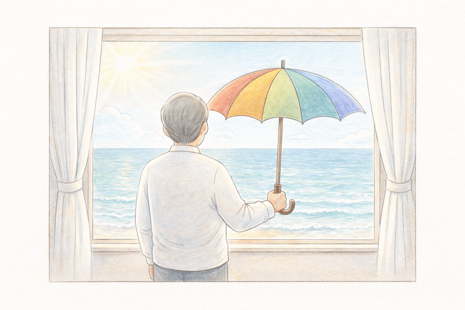 불안정한 파도 앞에서 연금 우산을 들고 안심하는 시니어