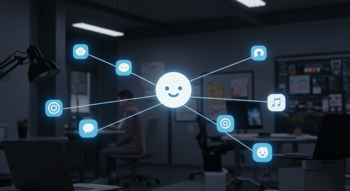 첨단 작업 공간에서 ChatGPT가 중심 허브로 외부 앱들과 연결되고 있는 모습을 표현한 이미지