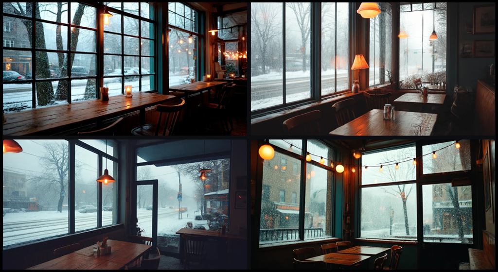 프롬프트 시리즈_겨울, 눈 내리는 조용한 카페_Midjourney