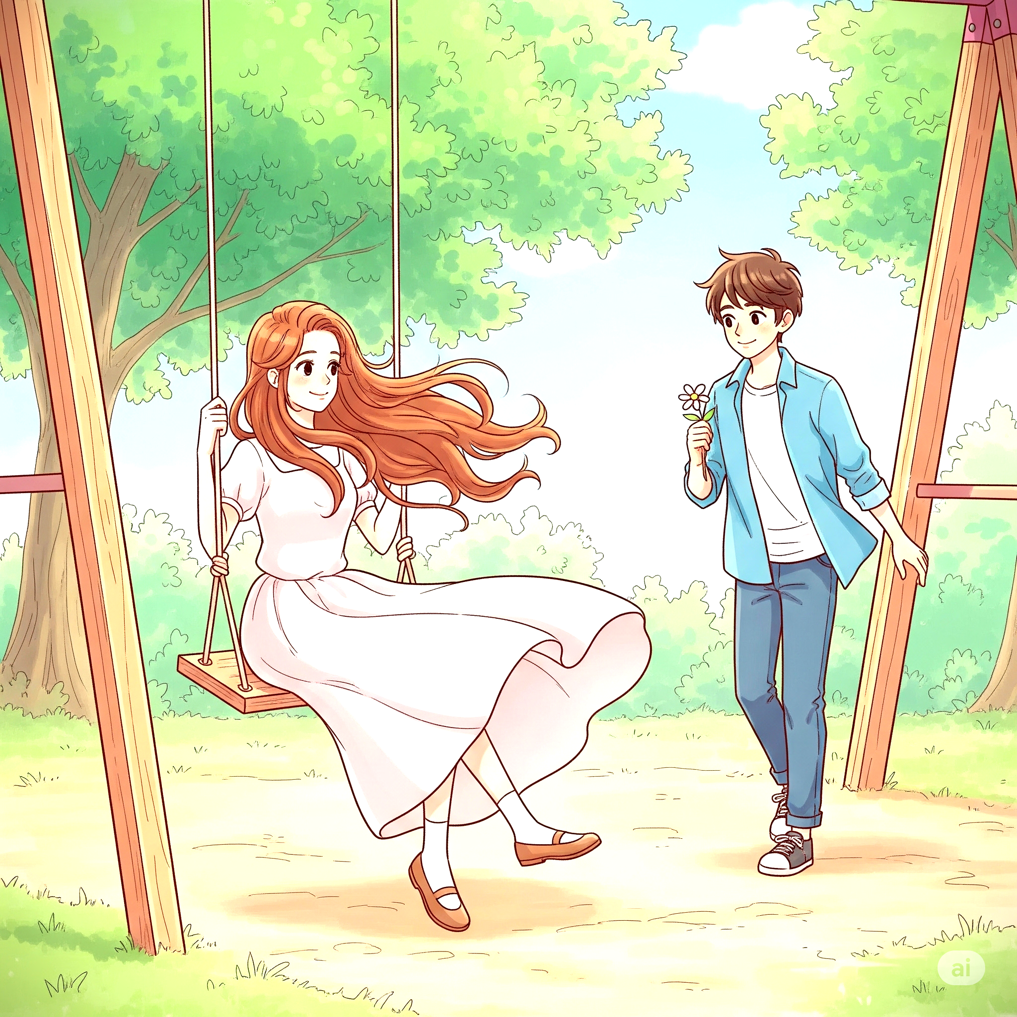 그네를 탄 여자와 남자