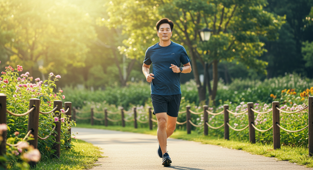 혈당 스파이크 예방을 위해 운동하는 한국인 남성