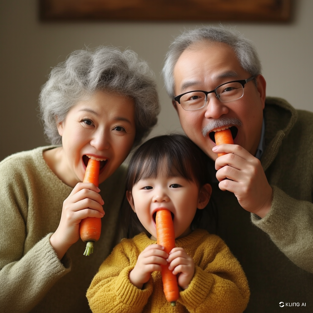 아침에 당근을 먹는 가족