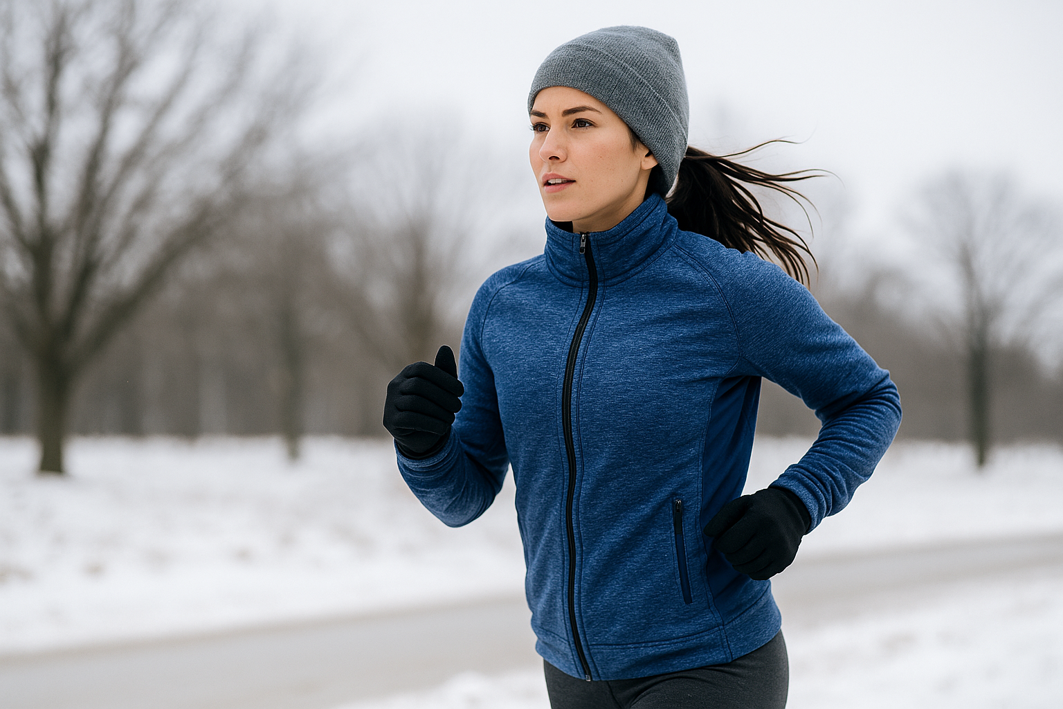 겨울 야외에서 러닝하는 여성의 상체 클로즈업