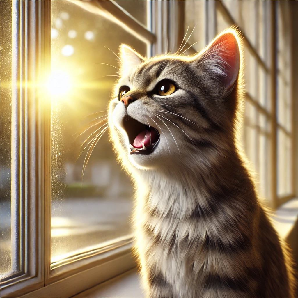 창밖을 바라보며 울고 있는 얼룩무늬 고양이의 실사 이미지