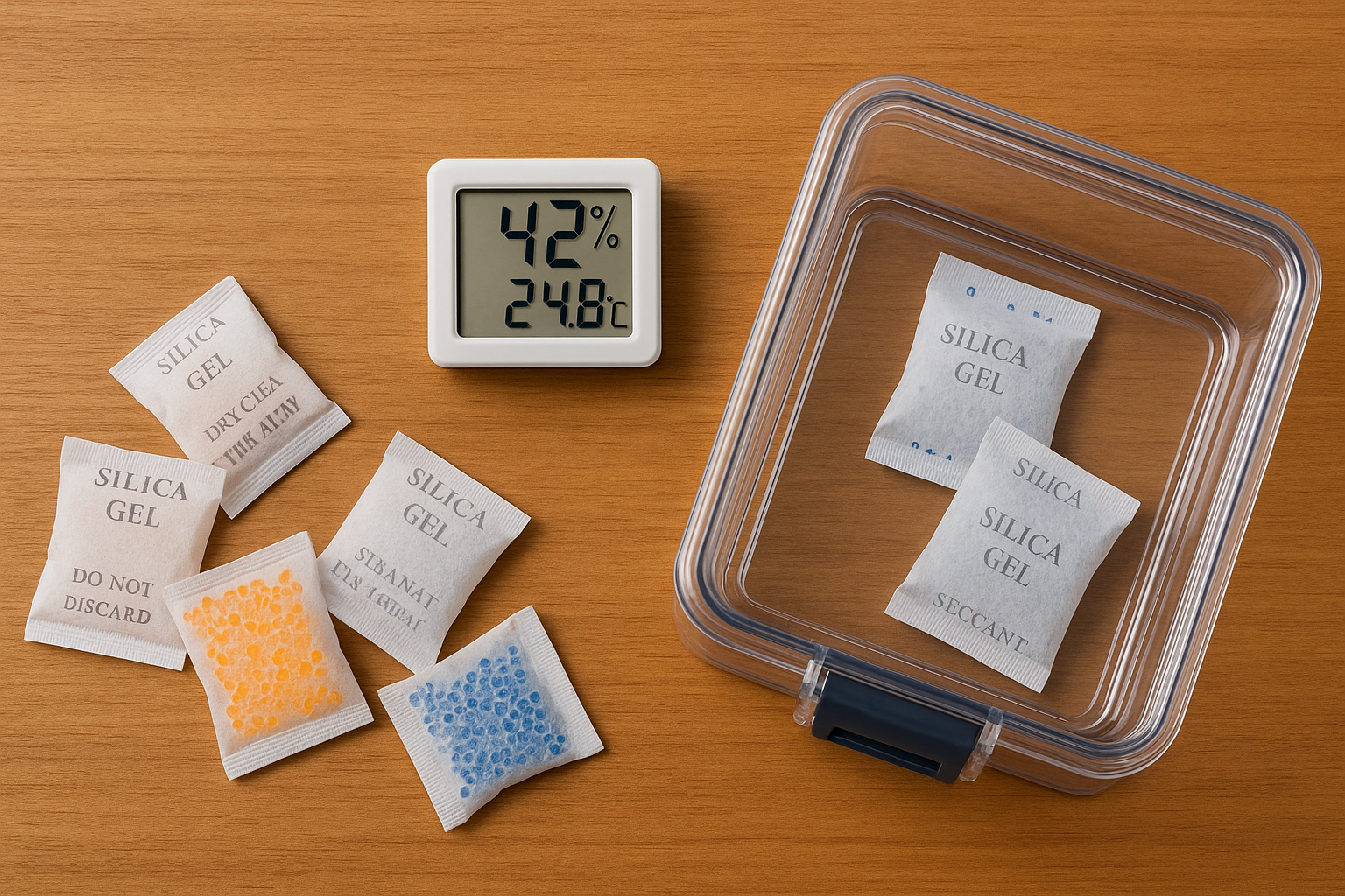 실리카겔 파우치와 투명 드라이박스, 디지털 습도계를 한 장에 담은 실사 사진