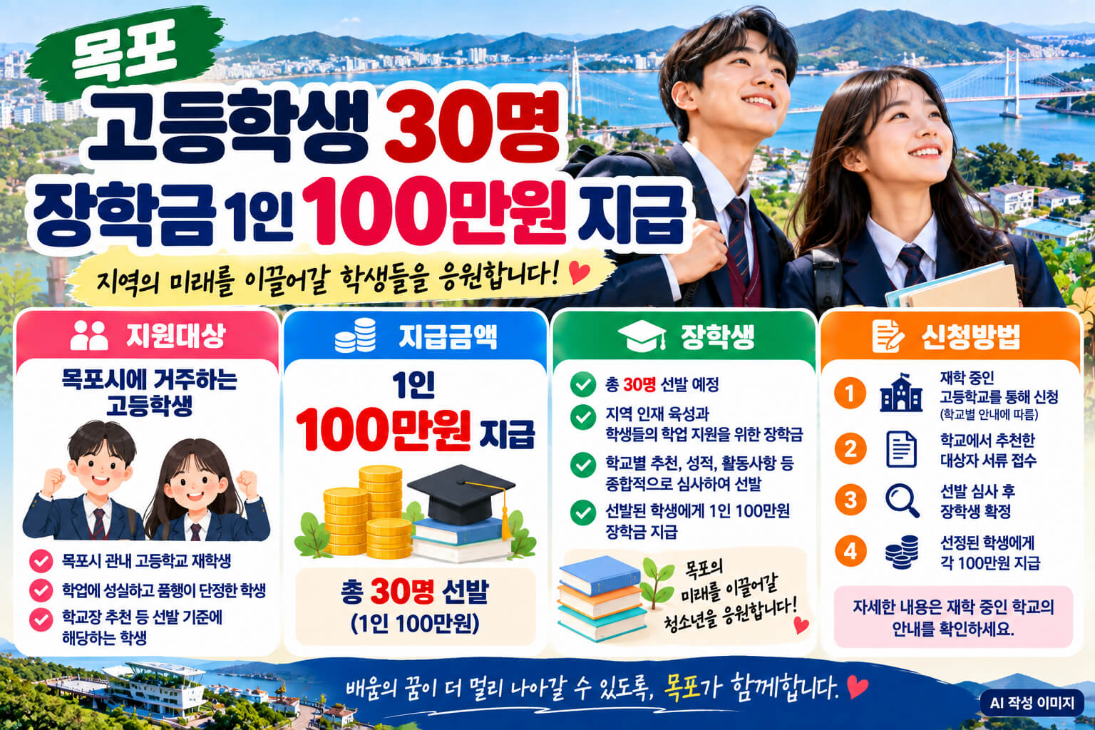목포 고등학생 30명에게 1인당 100만원의 장학금을 지급한 내용을 안내하는 이미지