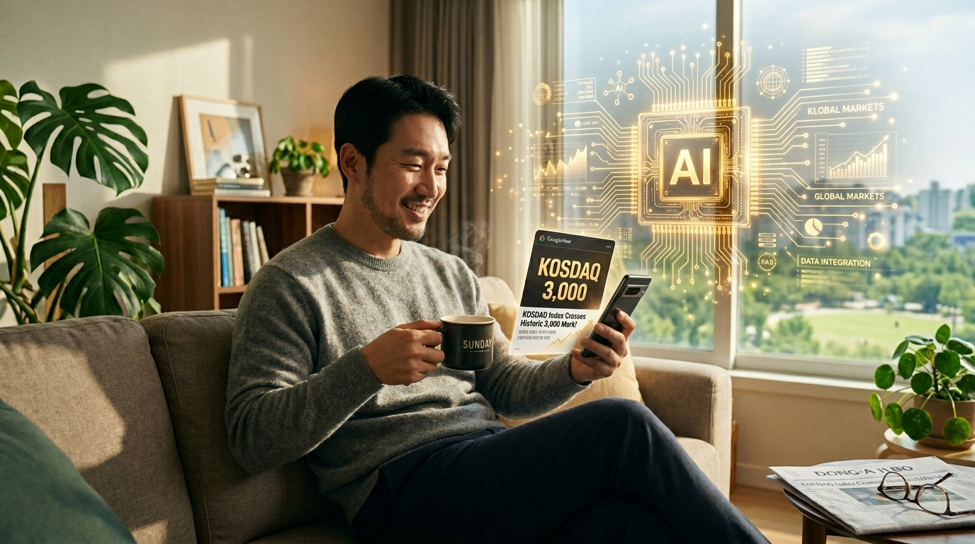 썸따스한 일요일 아침, 스마트폰으로 '코스닥 3,000' 뉴스를 보며 커피를 마시는 직장인 뒤로 황금빛 AI 칩이 빛나는 모습