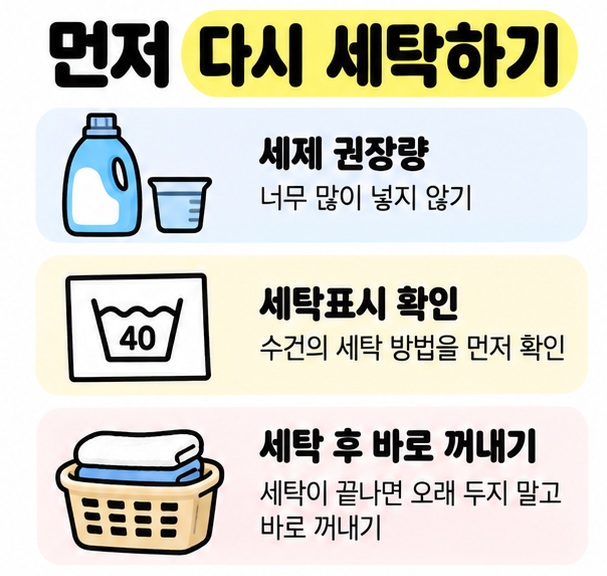 수건을 여유 있게 세탁기에 넣고 세제 권장량과 세탁 온도를 확인하는 재세탁 카드