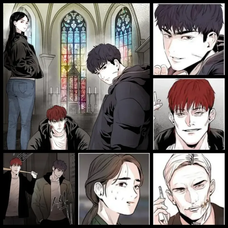 주요 인물을 모아 놓은 원작인 웹툰 사냥개들 표지