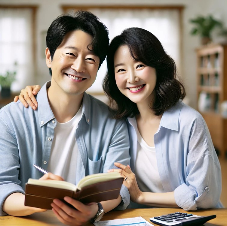 생계비 압류방지 통장을 보며 좋아하는 40대 한국인 부부