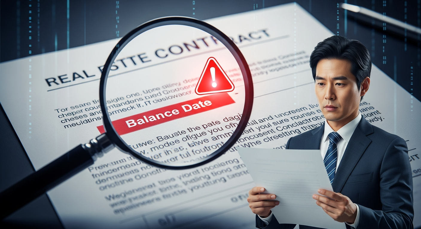 주의 경고 컨셉 이미지. 부동산 매매 계약서 위로 돋보기가 떠 있고, '잔금일' 조항을 확대해서 보여줌. 붉은색 경고 아이콘이 빛나고 있음. 걱정스러운 표정의 젊은 중년 한국 남성. 디지털 데이터 스트림이 흐르는 어두운 배경. 하이테크, 진지한 톤, 검은 머리.