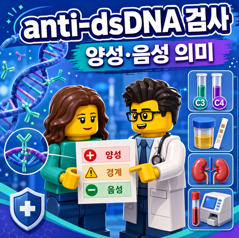 anti-dsDNA 검사의 양성&middot;음성 의미와 루푸스 평가에 필요한 관련 검사를 함께 설명하는 의료 인포그래픽