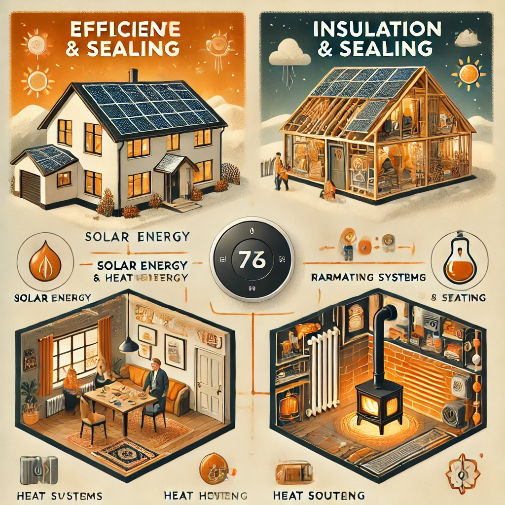태양광 에너지: 지붕에 태양광 패널을 설치한 집, 자연광을 활용한 난방.
단열 및 밀폐: 창문과 문틈을 단열 처리하여 열 손실을 막은 단면도.
스마트 난방 시스템: 스마트 온도 조절기를 활용해 효율적으로 실내 온도를 조절하는 모습.
대체 열원 활용: 펠릿 스토브와 바닥 난방을 사용해 에너지를 절약하는 가정.
에너지 절약과 친환경 난방을 강조한 교육적인 이미지."