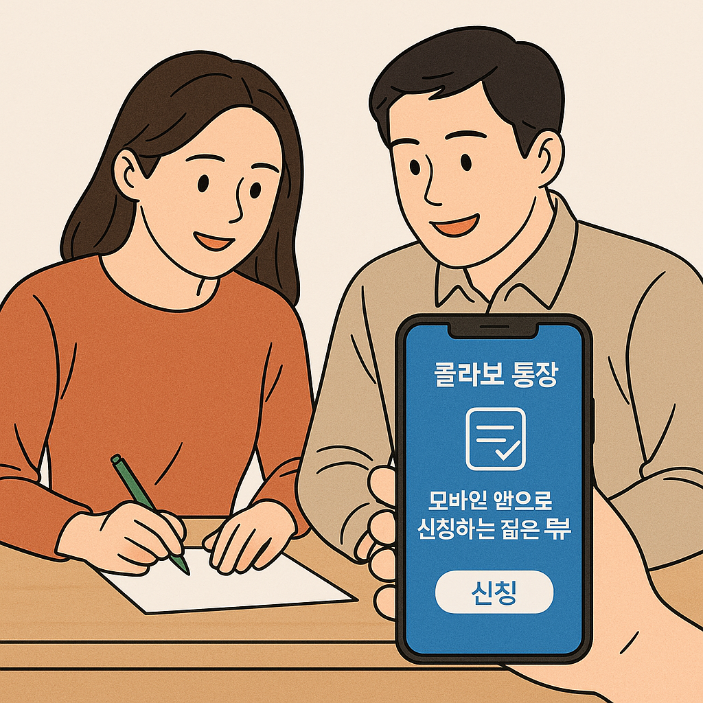 콜라보 통장 모바일 앱으로 신청하는 젊은 부부