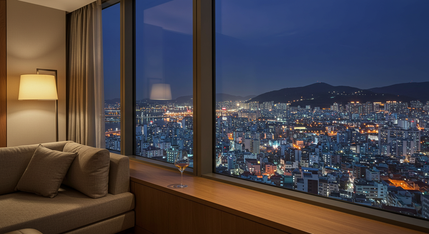 부산 서면 시내의 화려한 야경이 내려다보이는 롯데호텔 부산 객실 창문