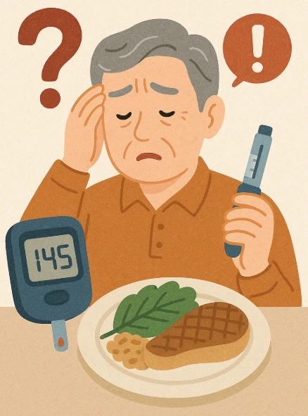 머리를 짚고 어지러워하는 할아버지. 혈당이 145로 높음을 나타내는 사진.