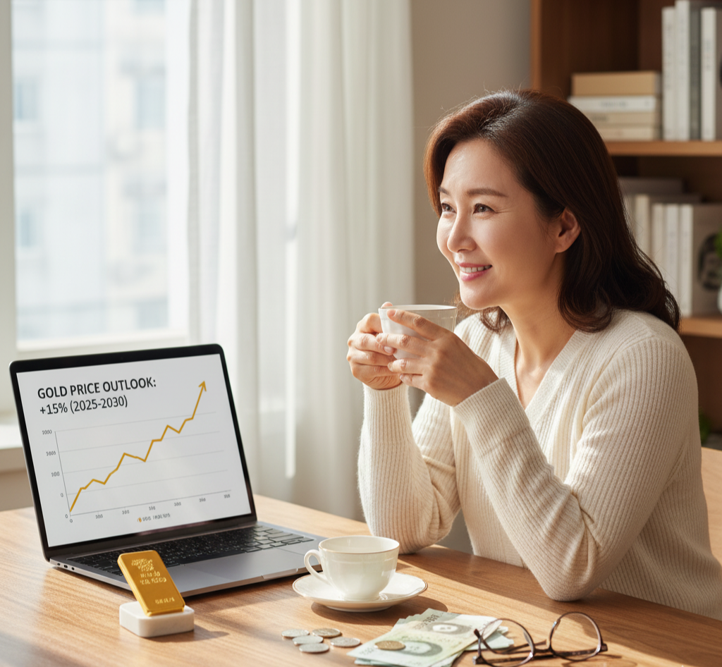50대 여성이 커피를 마시며 노트북 속 금 시세 상승 그래프를 바라보는 장면, 2025년 금값 전망 +15% 화면과 금괴, 현금이 놓인 책상