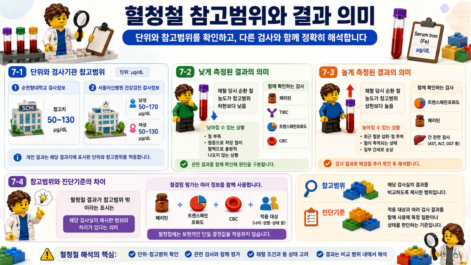 혈청철 참고범위와 낮은 결과, 높은 결과의 의미 및 참고범위와 진단기준의 차이를 설명한 레고 스타일 메디컬 인포그래픽