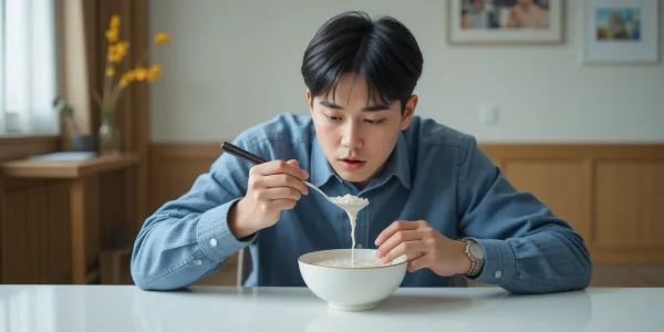 내시경 후 죽을 천천히 먹으며 회복 중인 모습