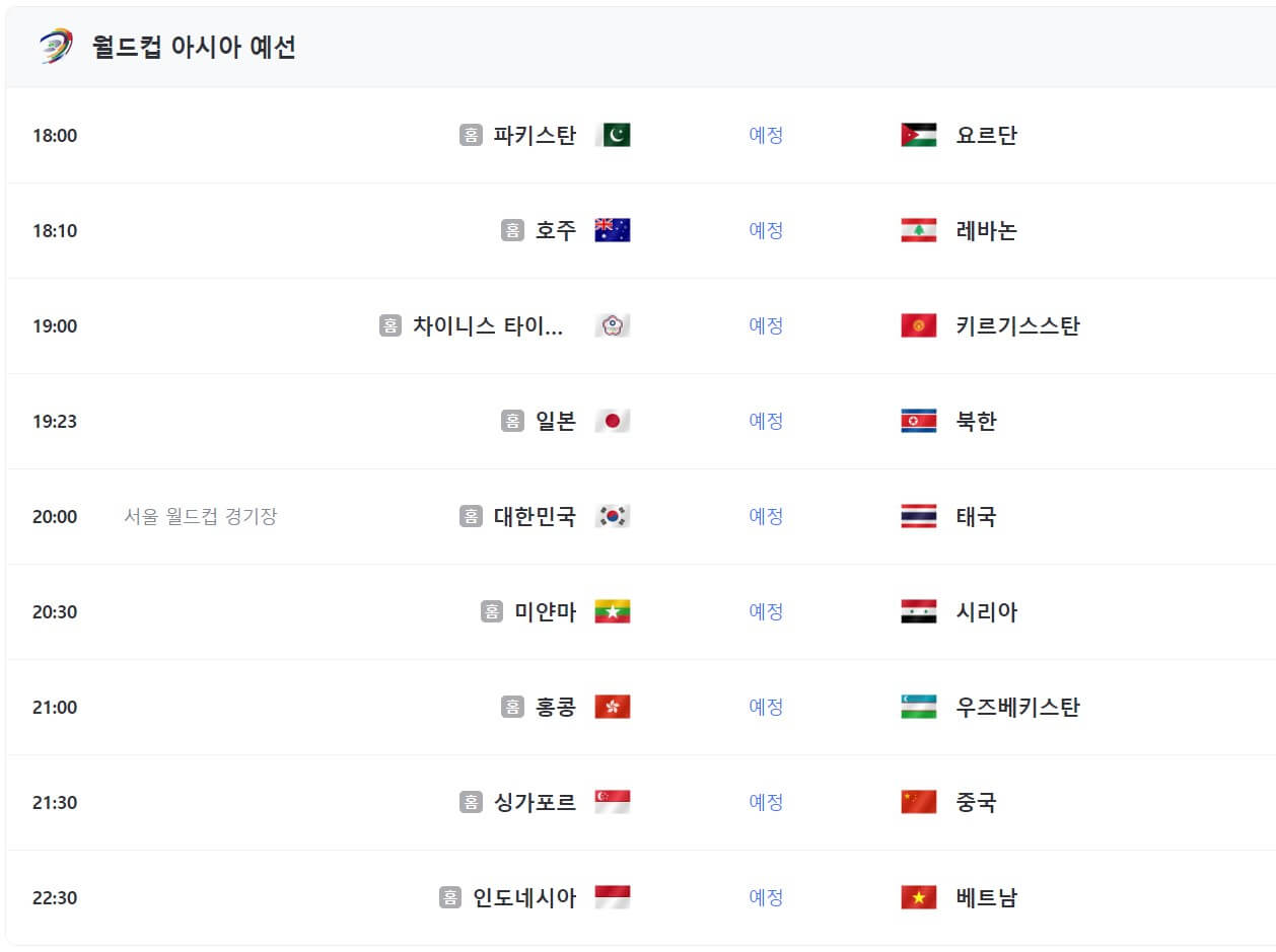 FIFA 월드컵 아시아 예선 대한민국 조별 순위 경기 일정