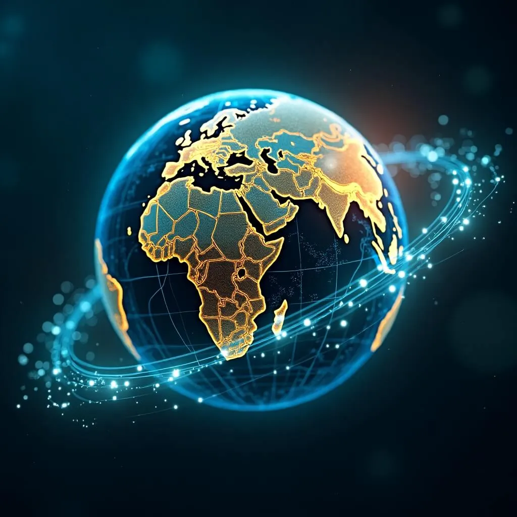 원화 스테이블 코인: 스테이블 코인의 글로벌 트렌드 현상을 지구본 위 국가 및 기업 연결 네트워크로 상징적으로 나타낸 이미지