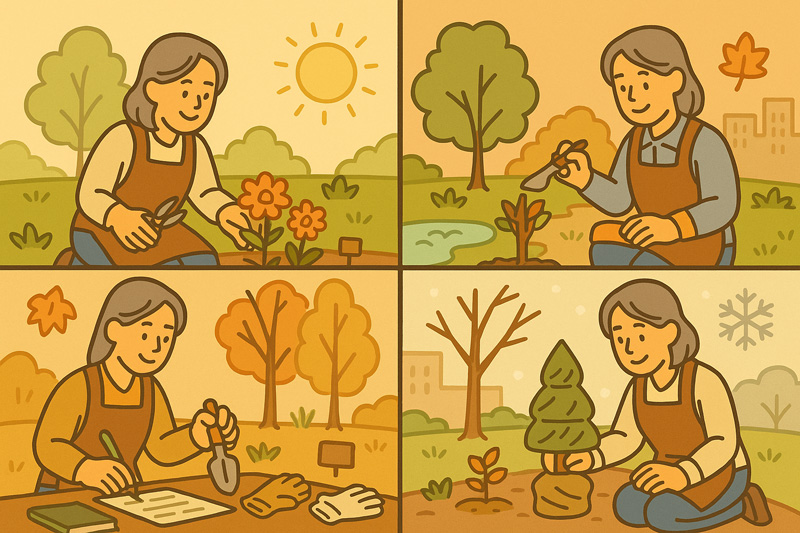 사계절 동안 조경 작업을 수행하는 여성 조경사의 모습이 네 칸으로 나뉘어 표현된 일러스트