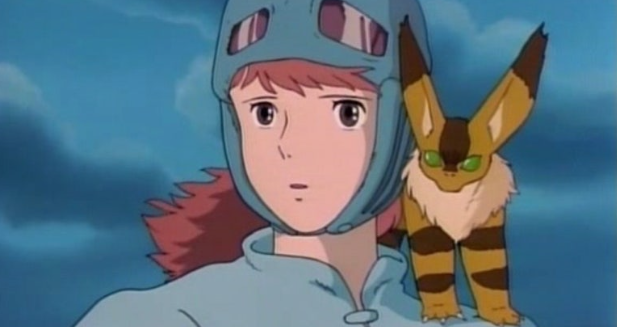 바람의 계곡의 주인공 나우시카 어깨위에 여우다람쥐 캐릭터 테토가 같이 한쪽을 바라보고 있다