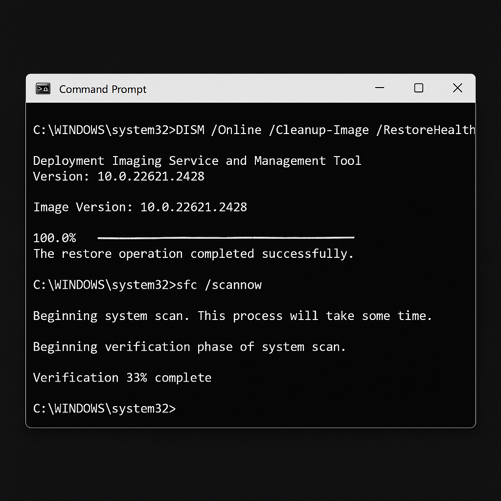 DISM 복구 및 SFC 스캔 명령어 실행 화면으로 시스템 파일 검사 진행 중