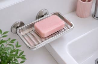 밝고 깔끔한 욕실의 비누 받침대와 핑크색 비누 모습
