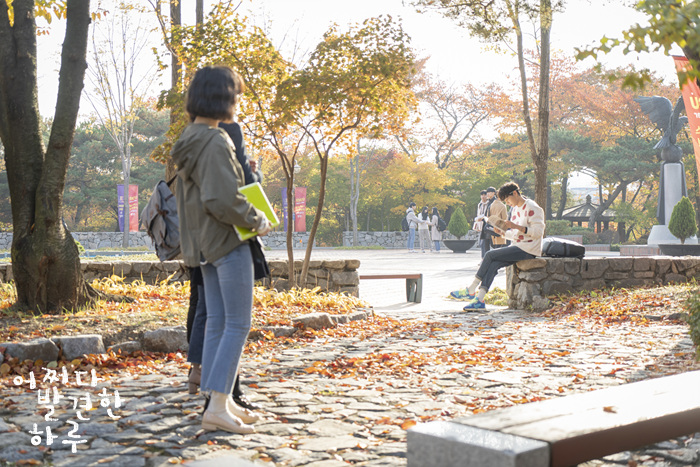 단풍이 든 캠퍼스에서 책을 든 인물들과 돌담에 앉은 인물이 보이는 장면