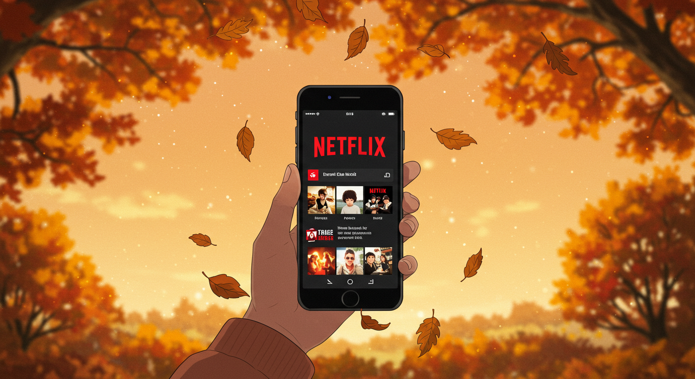가을 풍경 속에서 넷플릭스를 고르는 모습