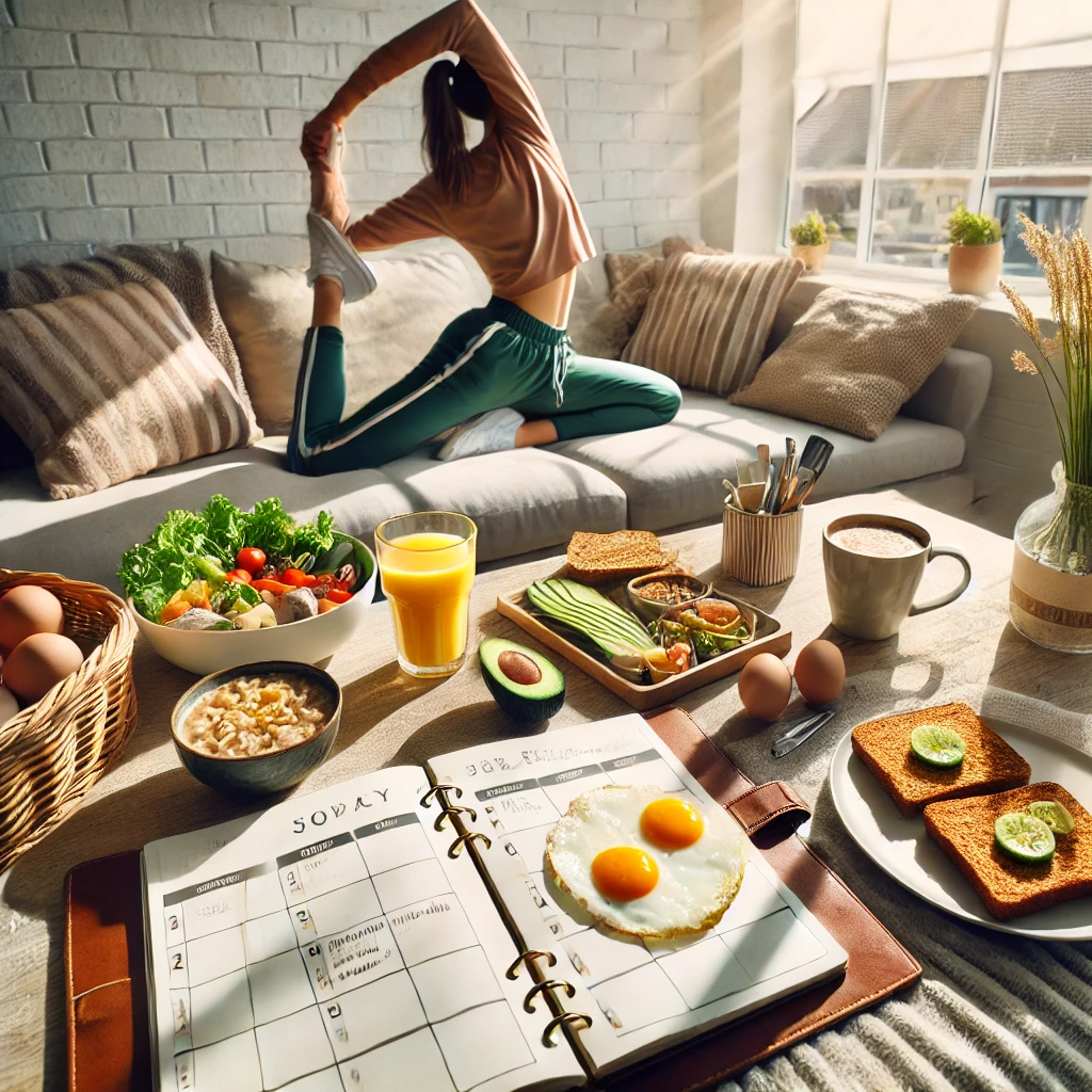 아침 스트레칭 하는 여성 그림 입니다.