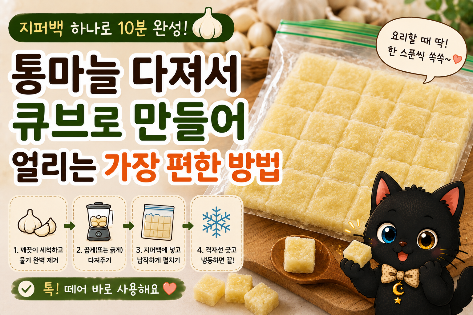 통마늘 다져서 큐브로 얼리는 가장 편한 방법, 지퍼백 하나면 보관까지 간단해요