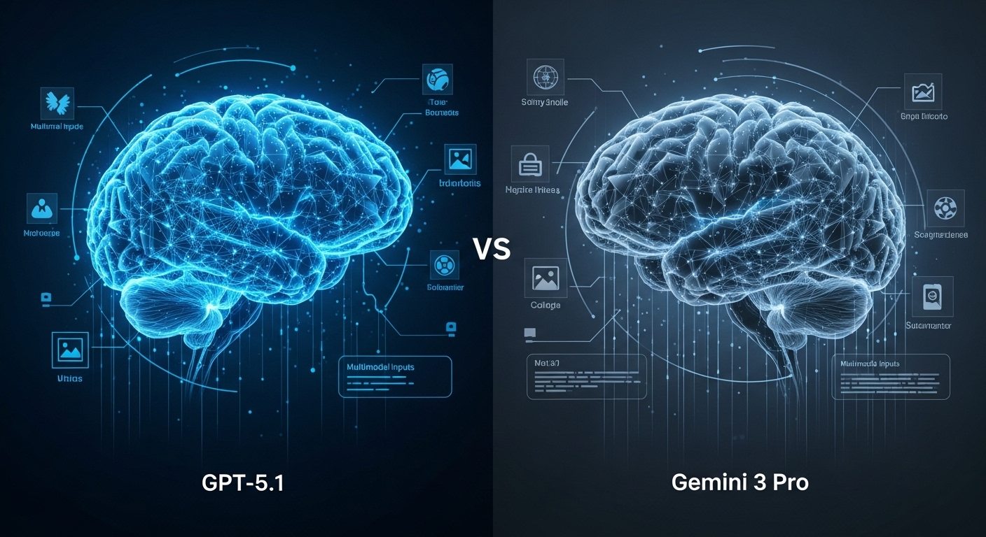 GPT-5.1과 제미니 3 프로의 특징을 시각적으로 비교하는 추상적인 AI 네트워크 이미지