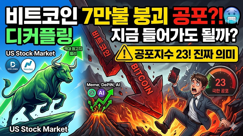 좌측에는 미국 증시의 역대 최고치 경신을 상징하는 녹색 상승 그래프와 황소 이미지가 있고, 우측에는 비트코인의 급락을 보여주는 붉은색 하락 그래프와 공포에 질린 투자자가 있으며, 공포&middot;탐욕 지수 23이 표시된 계기판이 보입니다. 이미지 상단에는 '비트코인 7만불 붕괴 공포?! 지금 들어가도 될까?'라는 문구가 적혀 있습니다