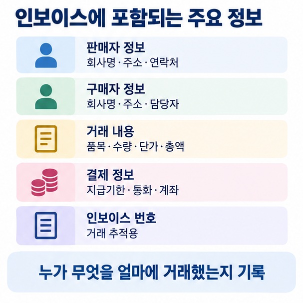 인보이스에 판매자 정보 구매자 정보 품목 수량 단가 총액 지급기한 인보이스 번호가 포함되는 구조를 설명한 이미지