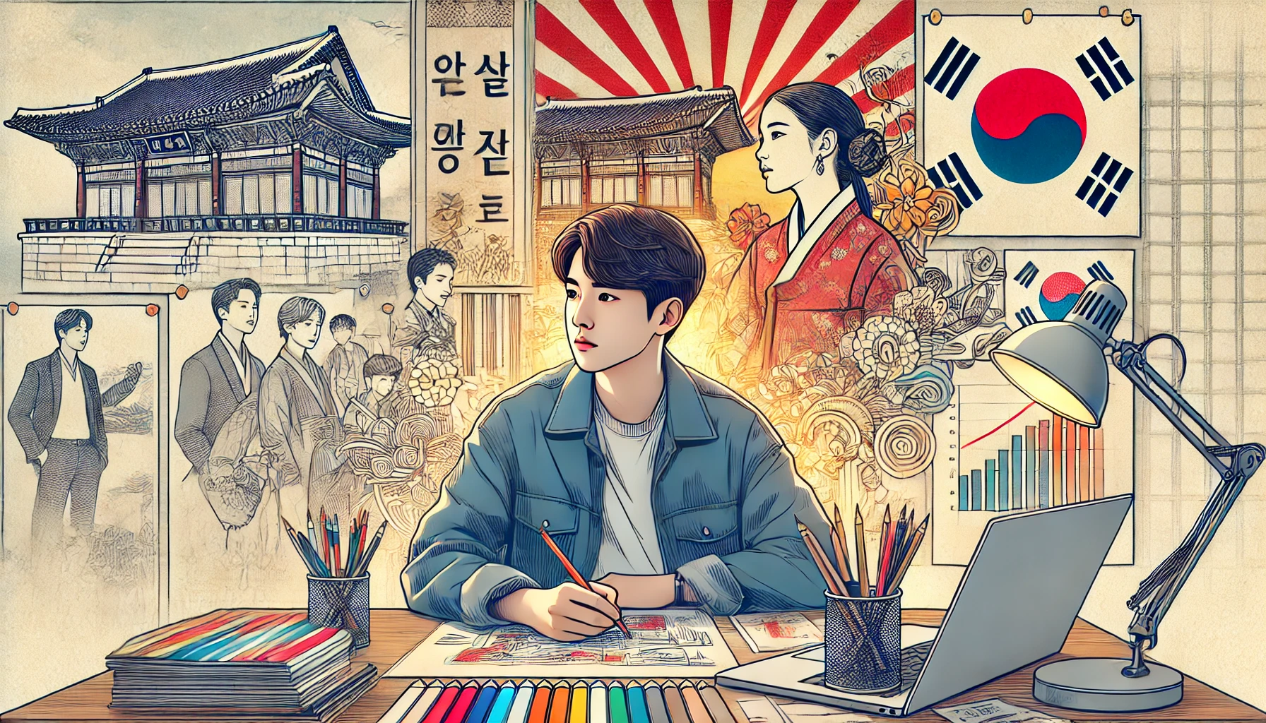 K-드라마 포스터나 K-POP 뮤직비디오 스토리보드를 기획하는 학생의 창의적이고 열정적인 모습