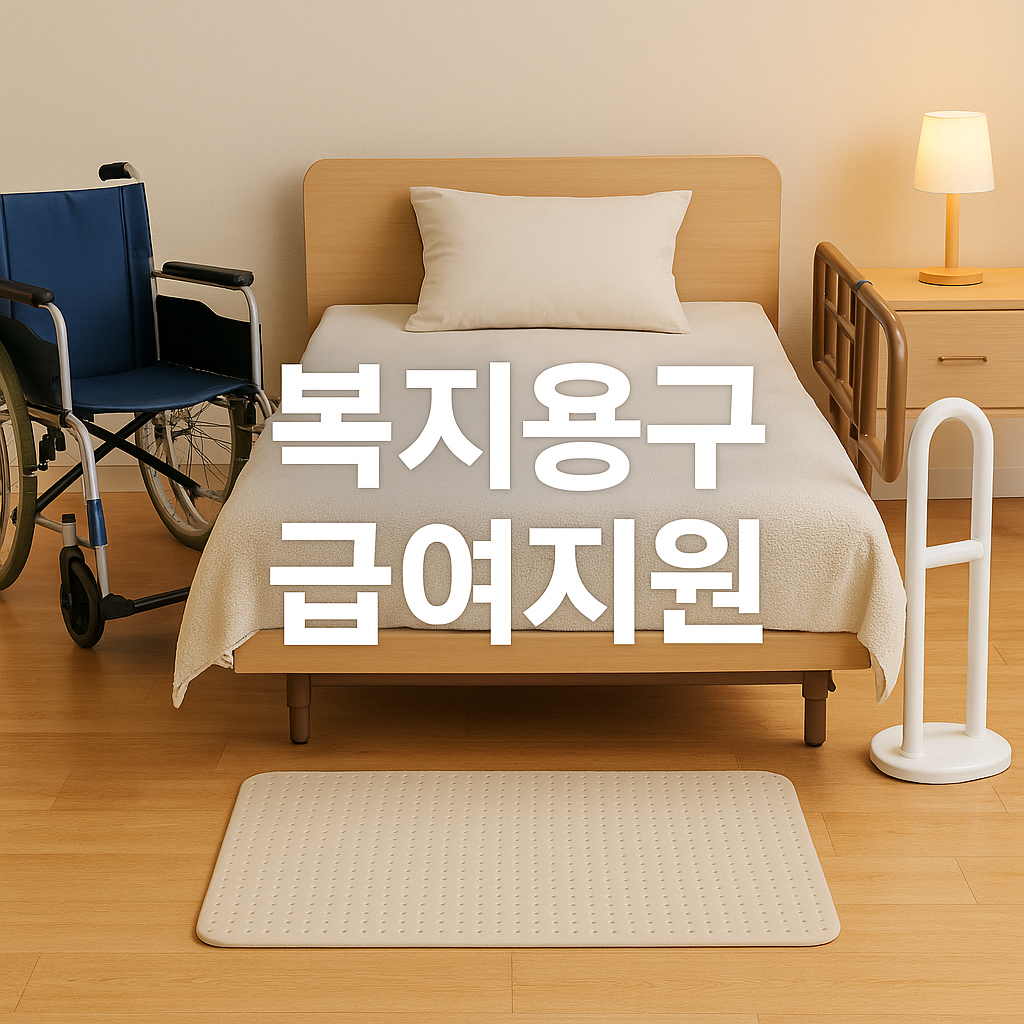 복지용침대와-휠체어-미끄럼방지매트-실내-배치된-장면-중앙-텍스트-복지용구-급여지원