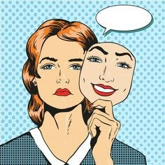 여성이-웃는-얼굴의-페이스오프-가면을-들고-정면을-무뚝뚝하게-쳐다보는-모습