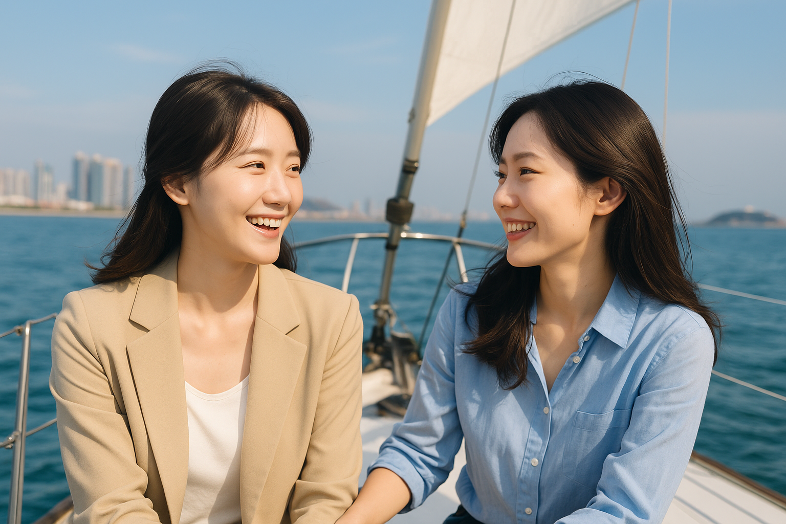 Two women smiling at each other aboard a yacht on the Qingdao sea, enjoying a serene and joyful cruise experience